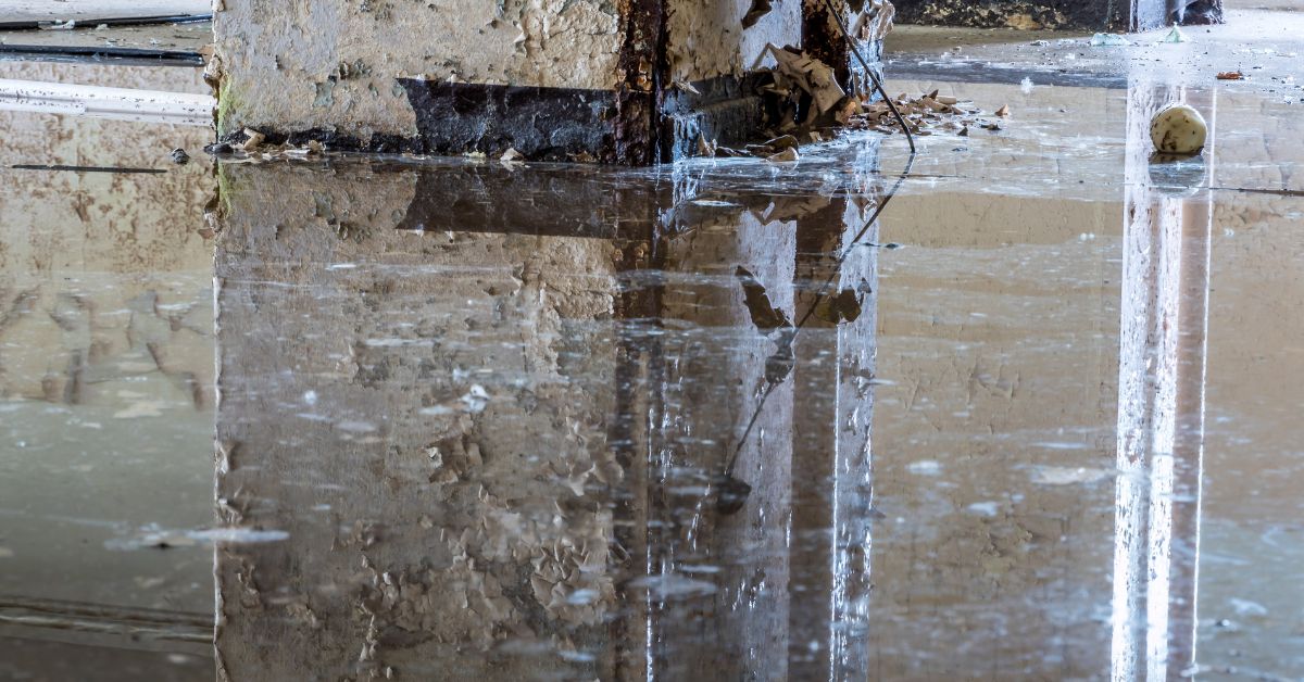 Standing flood water in a building.